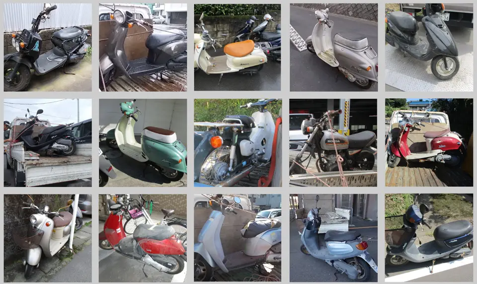 無料回収バイクの一例です。スーパーカブ、モンキー、ズーカー、ビーノ、ジョグ、タクト、ヤマハ原付、スズキ原付、ホンダ原付などを無料回収処分しています。
