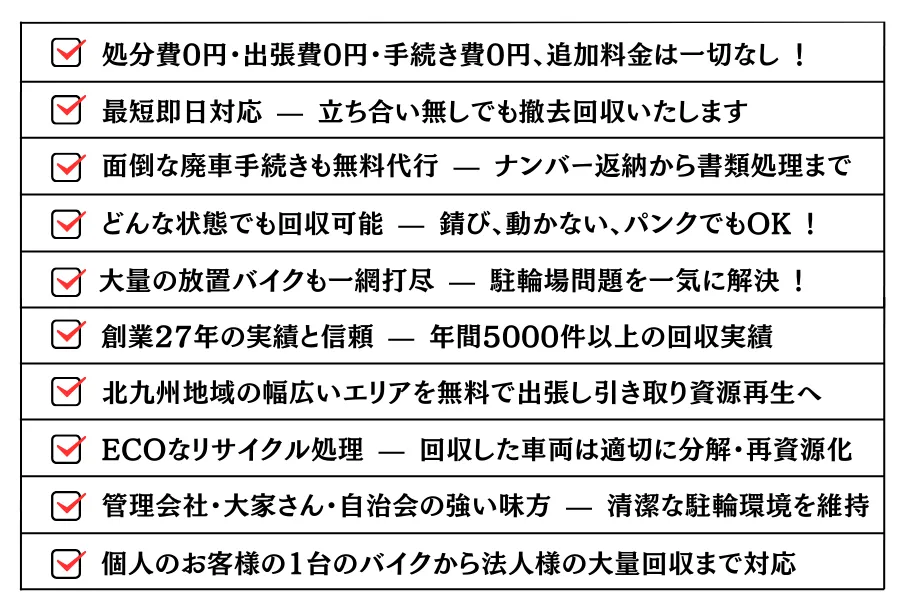 どんな状態でも回収できます。錆び、動かない、パンクでもOK。放置バイクや原付もまとめてすっきり。駐輪場のお困りごとにも対応。処分費0円、出張費0円、手続き費0円、追加料金は一切なし。最短即日対応。お立ち合いなしでも回収いたします。面倒な廃車手続きも無料で代行。ナンバー返納から書類処理まで。創業27年の実績と信頼。年間5000件以上の回収実績。北九州地域の各市・町・郡まで幅広いエリアに対応。ECOなリサイクル処理。回収した車両は丁寧に分解、再資源化。管理会社さん、大家さん、自治会の方にもご利用いただいています。個人の方の自転車1台から法人さまの大量回収まで対応。